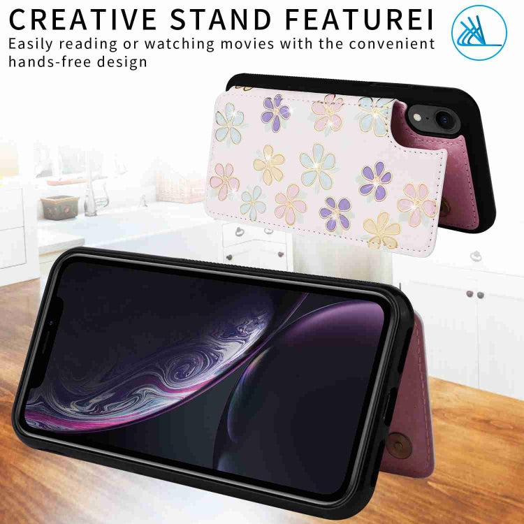 For iPhone XR Printed Double Buckle RFID Anti-theft Phone Case showcasing its stylish design and card storage features.