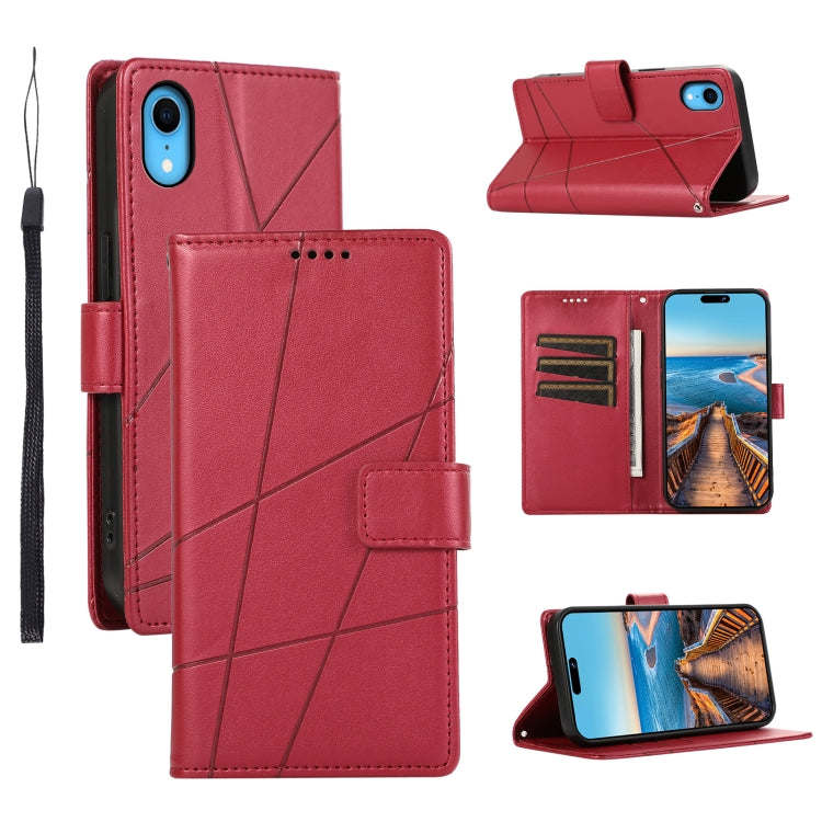 Red PU leather texture embossed line phone case for iPhone XR with card slots and wrist strap.