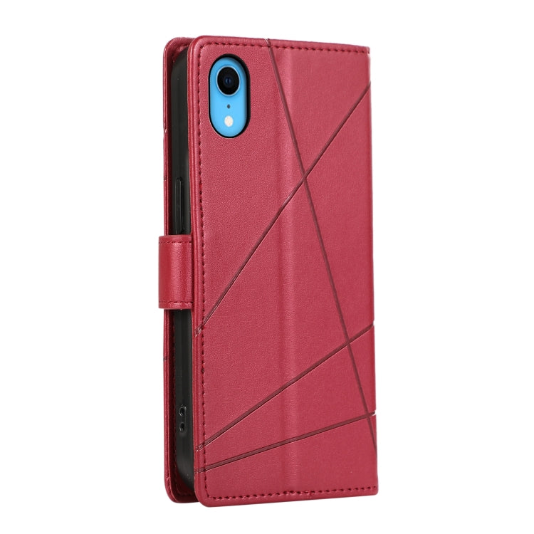 Red PU leather texture embossed line phone case for iPhone XR with card slots and wrist strap.