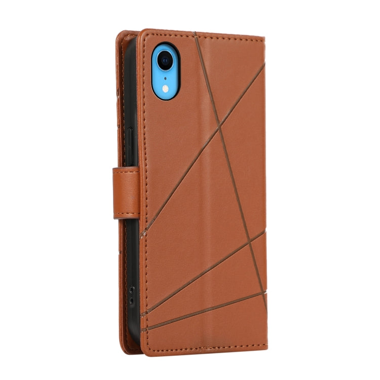 For iPhone XR PU Genuine Leather Texture Embossed Line Phone Case with card slots and kickstand feature, showcasing its stylish design.