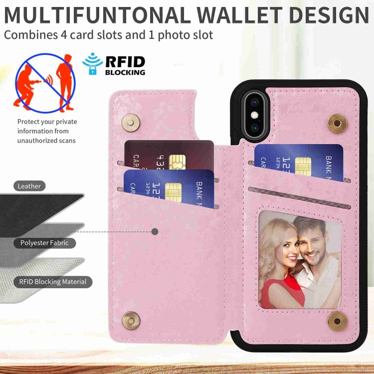 Stylish printed double buckle RFID anti-theft phone case for iPhone XS Max, showcasing card slots and a protective design.