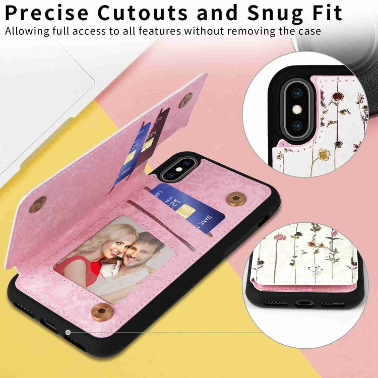 Stylish printed double buckle RFID anti-theft phone case for iPhone XS Max, showcasing card slots and a protective design.