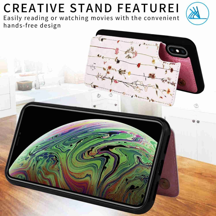 Stylish printed double buckle RFID anti-theft phone case for iPhone XS Max, showcasing card slots and a protective design.