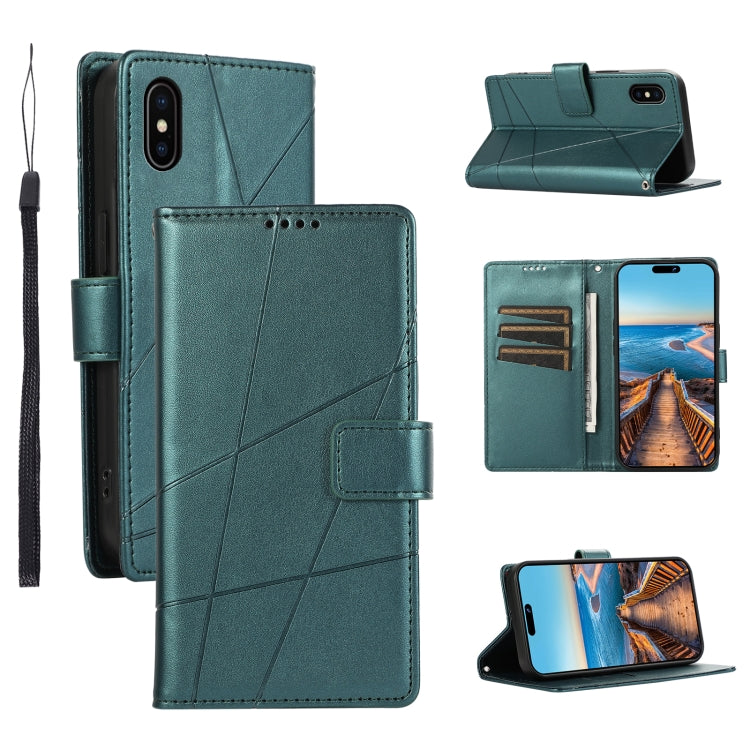 For iPhone XS Max PU leather case with embossed texture, featuring card slots and a wrist strap.
