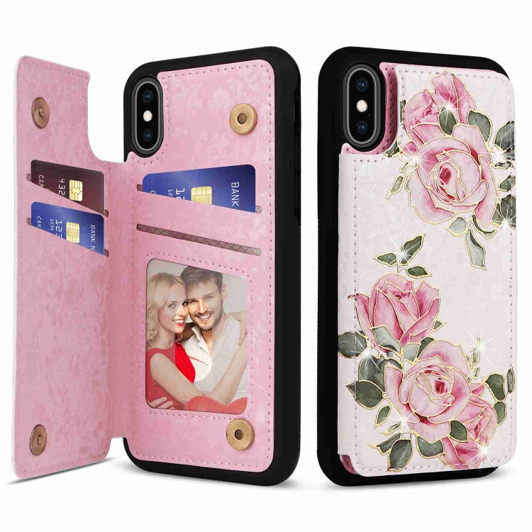 For iPhone XS/X Printed Double Buckle RFID Anti-theft Phone Case showcasing its stylish design and card storage features.