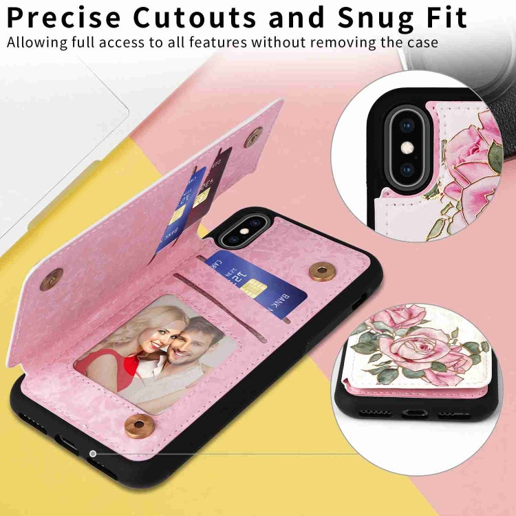 For iPhone XS/X Printed Double Buckle RFID Anti-theft Phone Case showcasing its stylish design and card storage features.