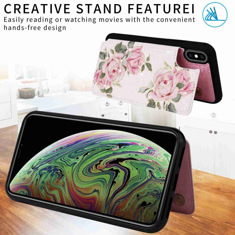 For iPhone XS/X Printed Double Buckle RFID Anti-theft Phone Case showcasing its stylish design and card storage features.