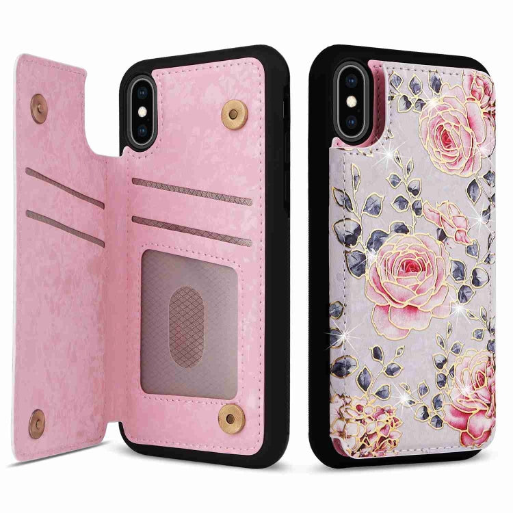 For iPhone XS/X Printed Double Buckle RFID Anti-theft Phone Case in stylish design, showcasing card slots and protective features.