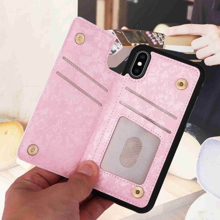 For iPhone XS/X Printed Double Buckle RFID Anti-theft Phone Case in stylish design, showcasing card slots and protective features.