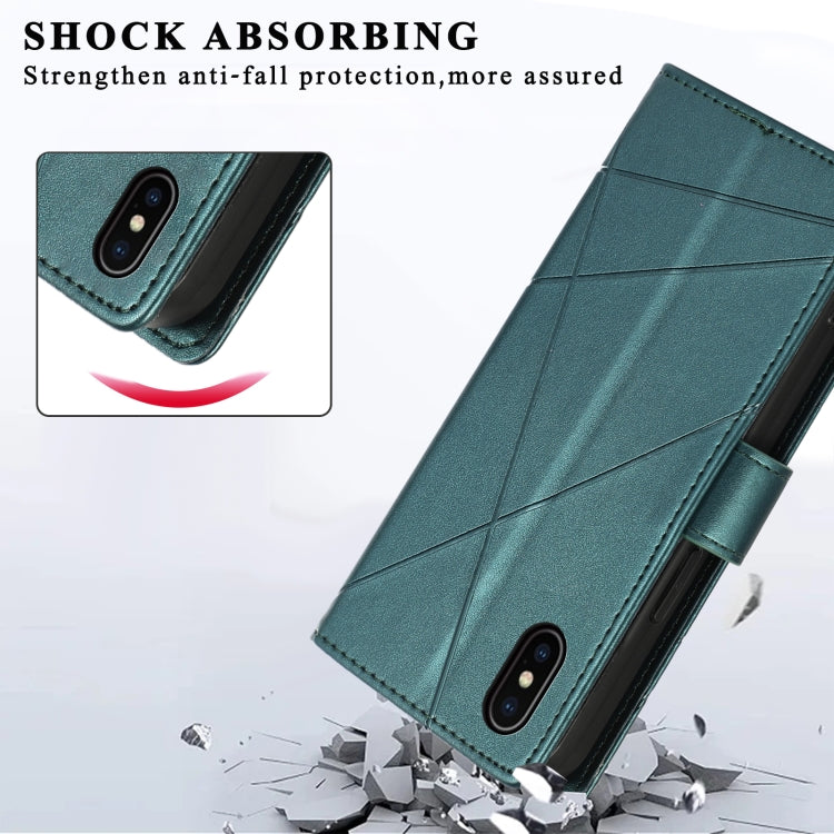 For iPhone XS/X PU leather phone case with embossed texture, card slots, and wrist strap, showcasing its stylish design and functionality.