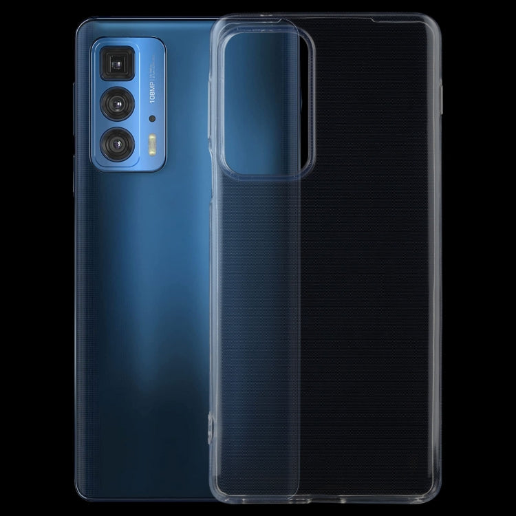Ultra-thin transparent TPU soft case for Motorola Edge 20 Pro, showcasing its sleek design and precise fit.