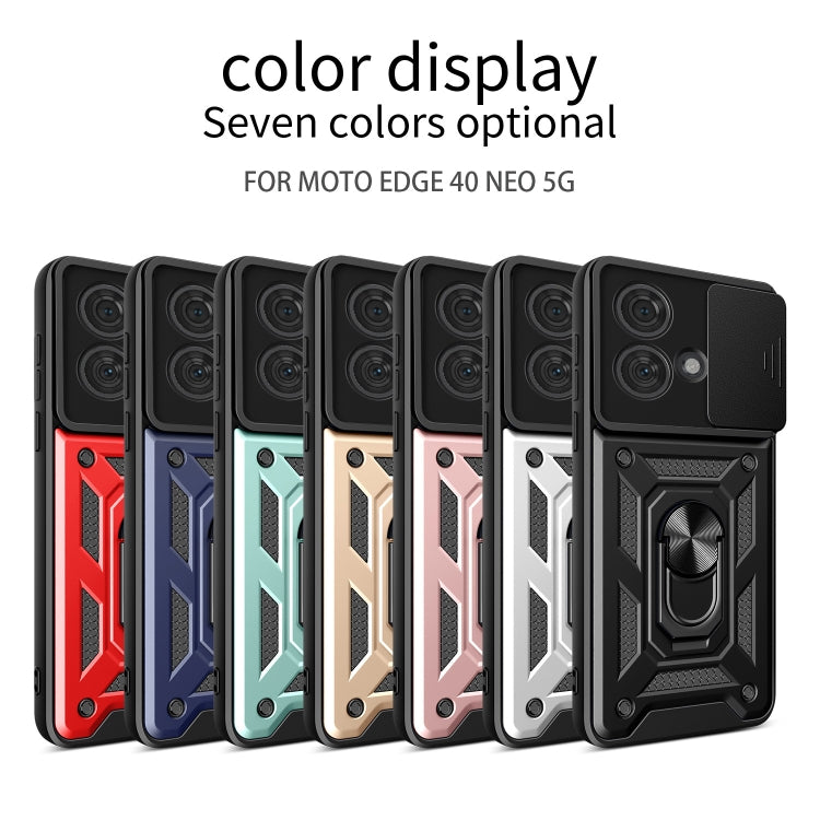 Motorola Edge 40 Neo 5G case with sliding camera cover design, made of durable TPU and PC materials, showcasing its sleek and protective features.