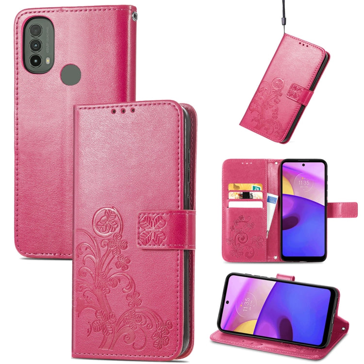 Stylish Four-leaf Clasp Embossed Leather Case for Motorola Moto E40, showcasing elegant design and practical features.