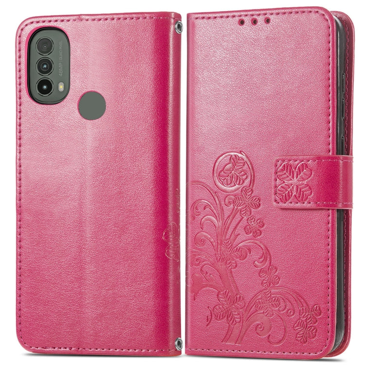 Stylish Four-leaf Clasp Embossed Leather Case for Motorola Moto E40, showcasing elegant design and practical features.