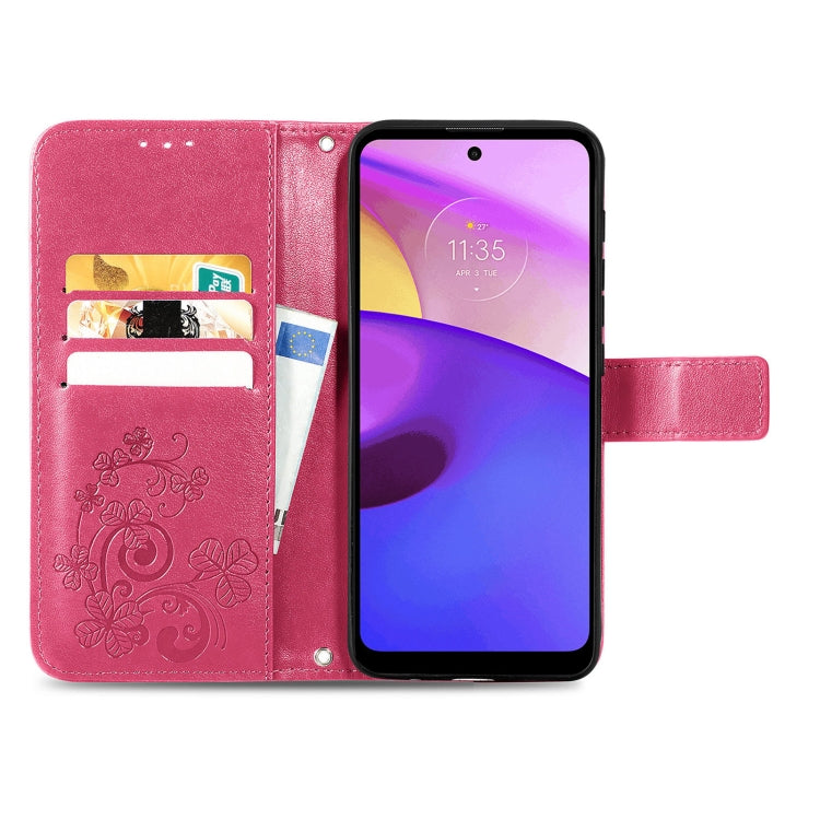 Stylish Four-leaf Clasp Embossed Leather Case for Motorola Moto E40, showcasing elegant design and practical features.