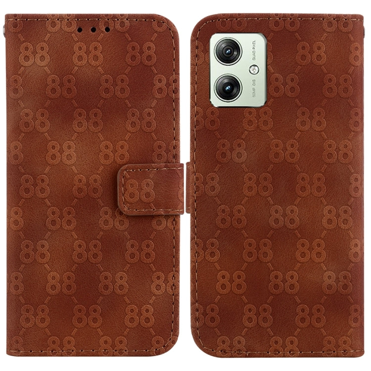 Stylish embossed leather phone case for Motorola Moto G54, featuring card slots and a kickstand.