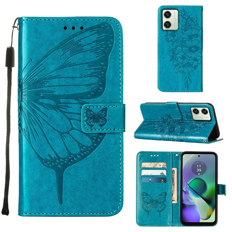 Blue embossed butterfly leather phone case for Motorola Moto G54, showcasing its stylish design and practical features.