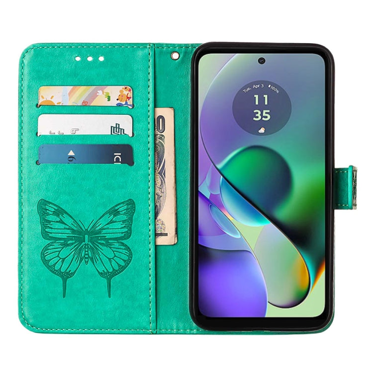 Green embossed butterfly leather phone case for Motorola Moto G54, showcasing its stylish design and practical features.