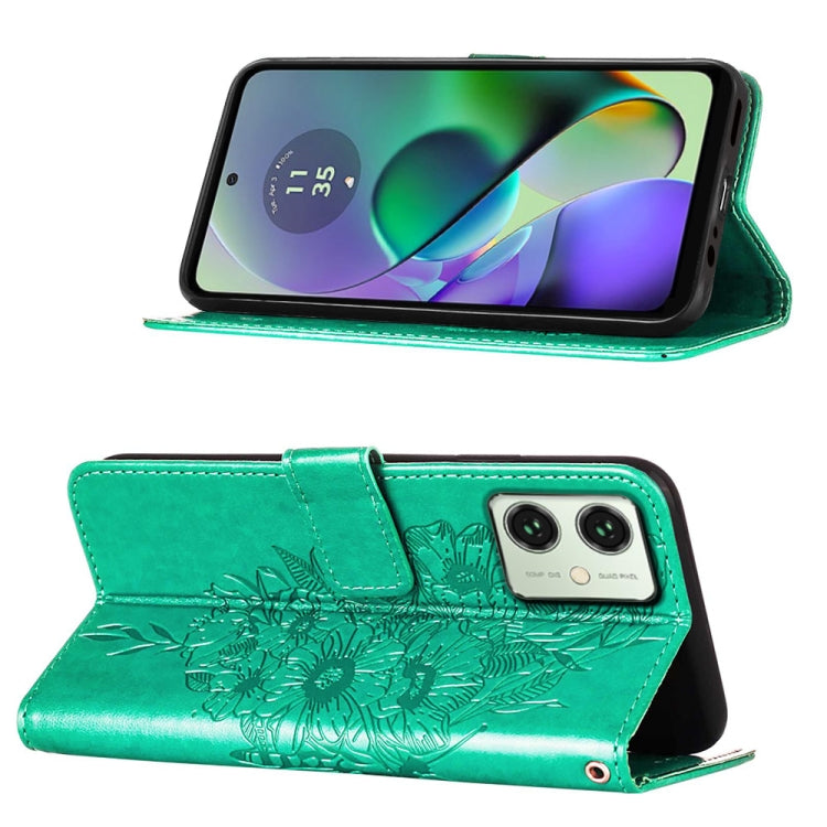 Green embossed butterfly leather phone case for Motorola Moto G54, showcasing its stylish design and practical features.