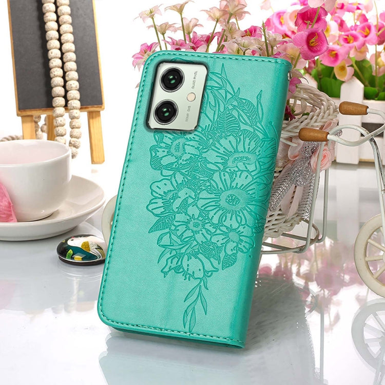 Green embossed butterfly leather phone case for Motorola Moto G54, showcasing its stylish design and practical features.