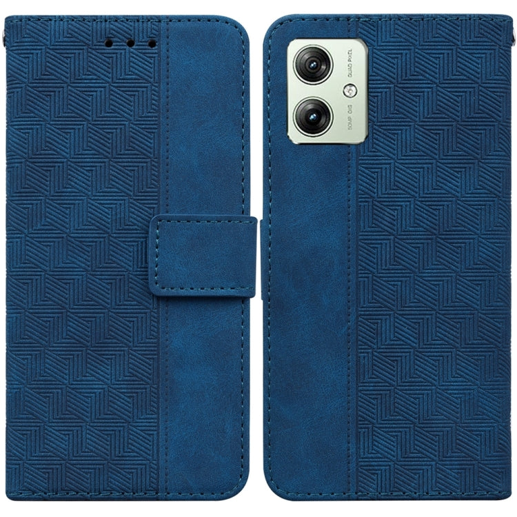 Blue geometric embossed leather phone case designed for Motorola Moto G54, showcasing its stylish and protective features.