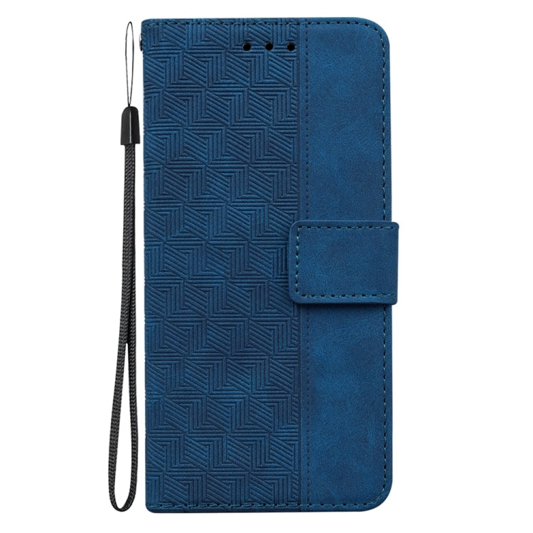 Blue geometric embossed leather phone case designed for Motorola Moto G54, showcasing its stylish and protective features.