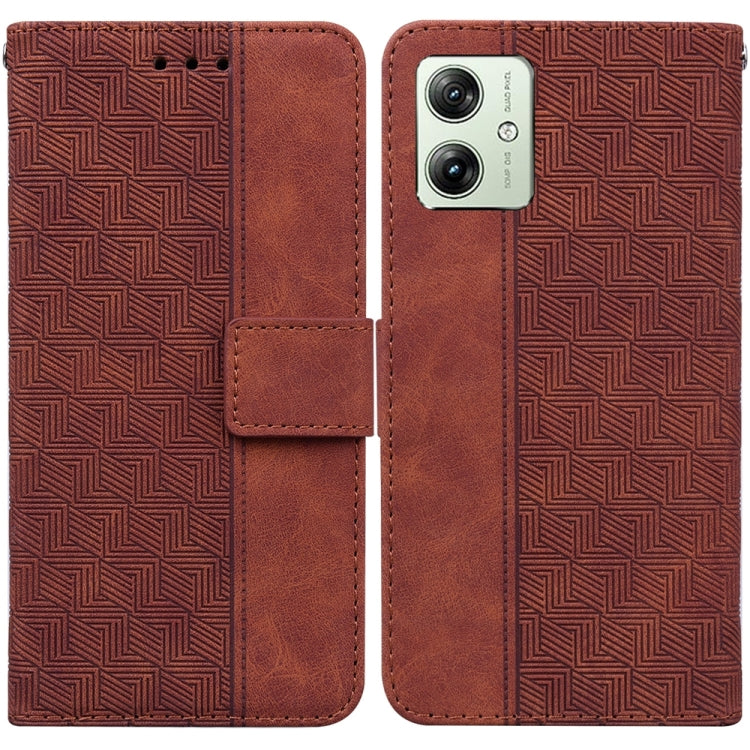 Brown geometric embossed leather phone case designed for Motorola Moto G54, showcasing its stylish and durable features.