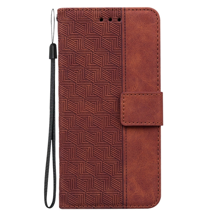 Brown geometric embossed leather phone case designed for Motorola Moto G54, showcasing its stylish and durable features.