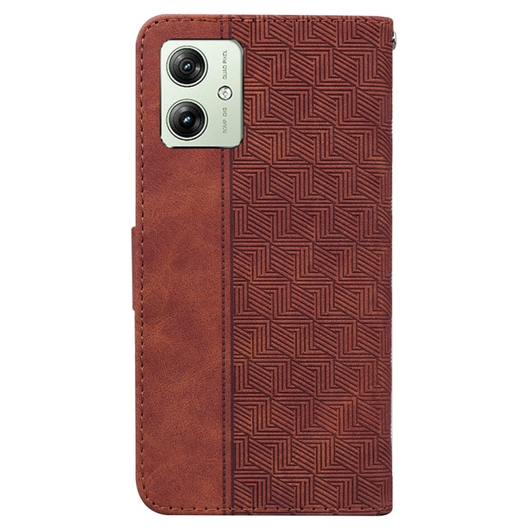 Brown geometric embossed leather phone case designed for Motorola Moto G54, showcasing its stylish and durable features.