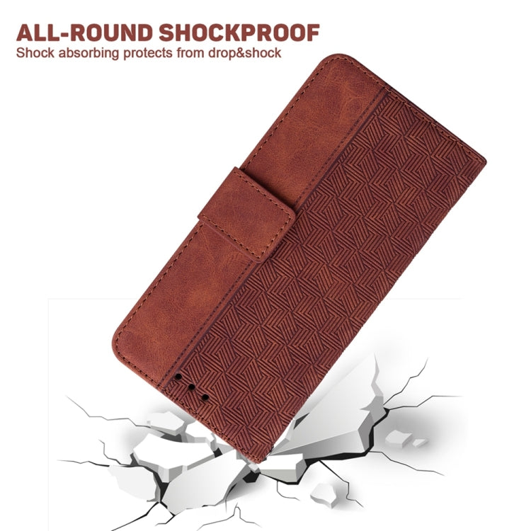 Brown geometric embossed leather phone case designed for Motorola Moto G54, showcasing its stylish and durable features.