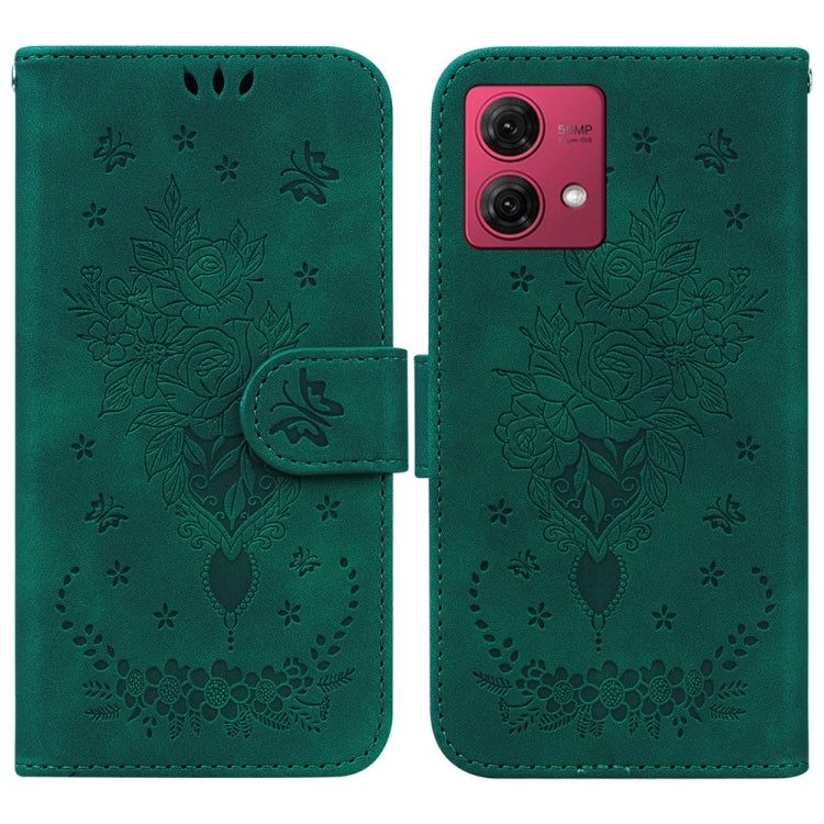 Butterfly Rose Embossed Leather Phone Case for Motorola Moto G84, showcasing its elegant design and practical features.