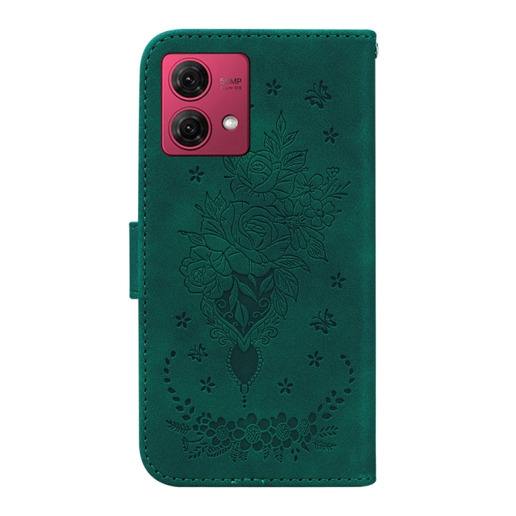 Butterfly Rose Embossed Leather Phone Case for Motorola Moto G84, showcasing its elegant design and practical features.