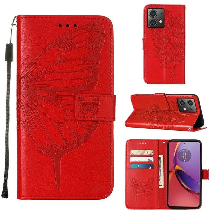 Red embossed butterfly leather phone case for Motorola Moto G84, showcasing its stylish design and functional features.
