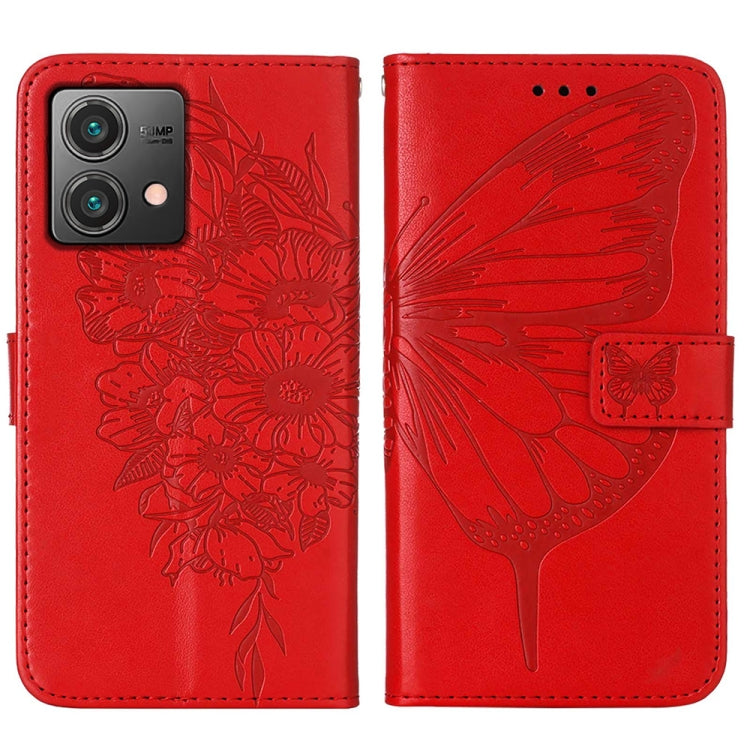 Red embossed butterfly leather phone case for Motorola Moto G84, showcasing its stylish design and functional features.
