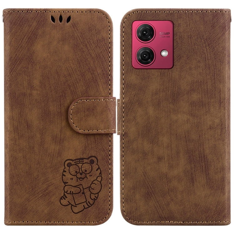 Brown embossed leather phone case for Motorola Moto G84, featuring card slots and kickstand functionality.
