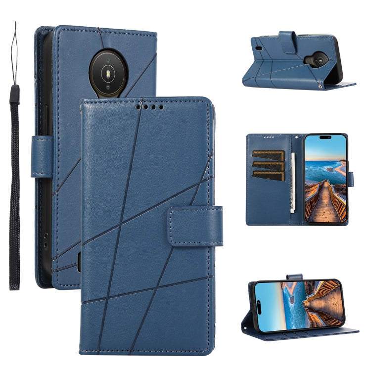 For Nokia 1.4 PU Genuine Leather Texture Embossed Line Phone Case in black, featuring card slots and a wrist strap.
