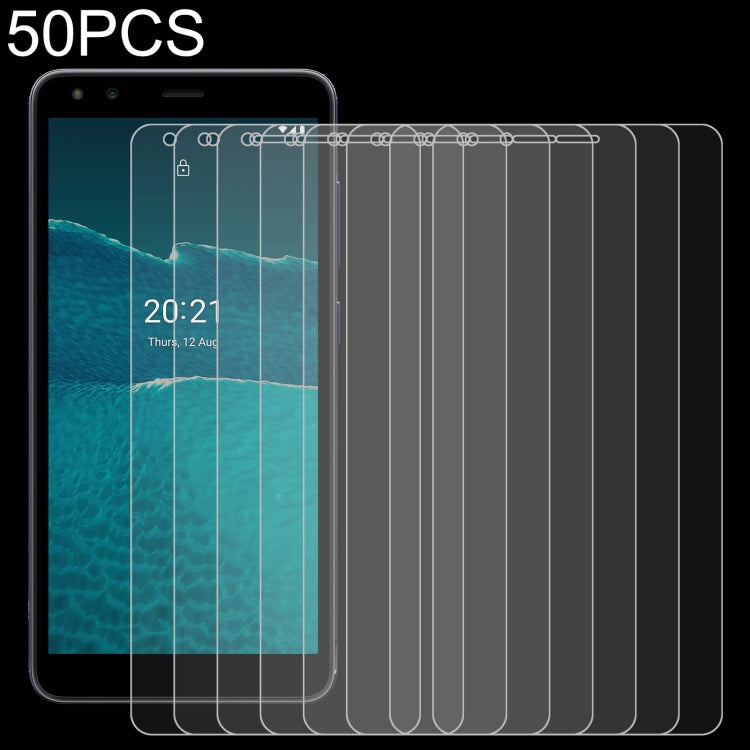 50 PCS 0.26mm 9H 2.5D Tempered Glass Film for Nokia C1 2nd Edition, showcasing its sleek design and protective features.