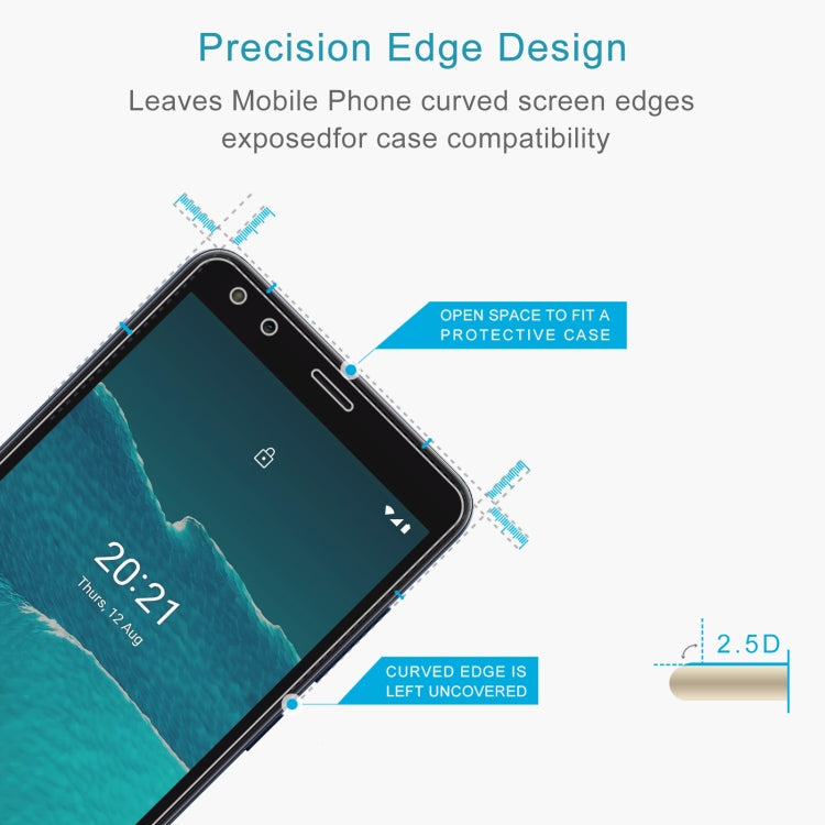 50 PCS 0.26mm 9H 2.5D Tempered Glass Film for Nokia C1 2nd Edition, showcasing its sleek design and protective features.