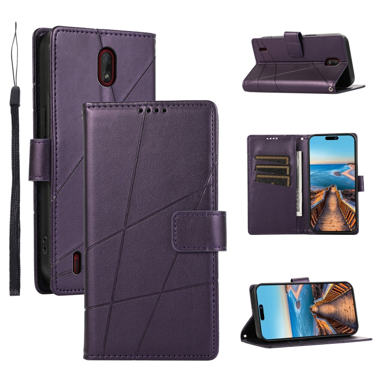 For Nokia C1 PU leather phone case with embossed texture, featuring card slots and a wrist strap.
