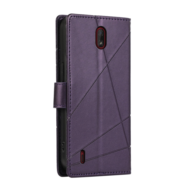 For Nokia C1 PU leather phone case with embossed texture, featuring card slots and a wrist strap.