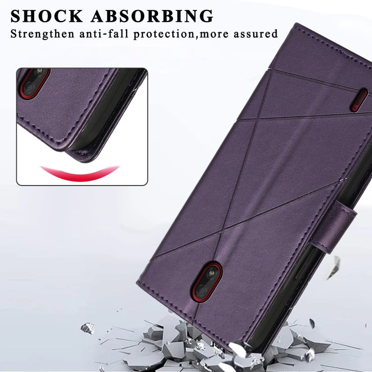 For Nokia C1 PU leather phone case with embossed texture, featuring card slots and a wrist strap.