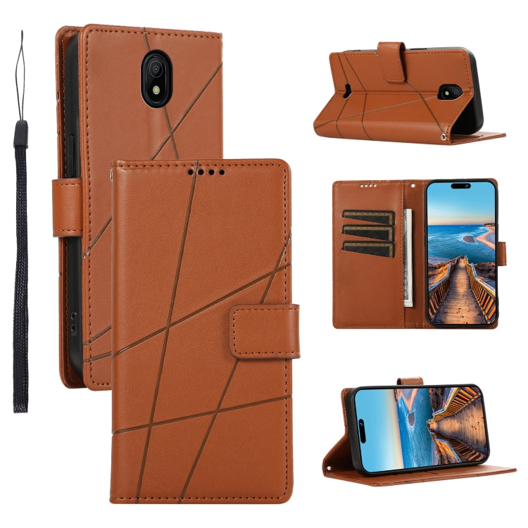 For Nokia C100 PU Genuine Leather Texture Embossed Line Phone Case with card slots and wrist strap, showcasing its stylish design and functionality.