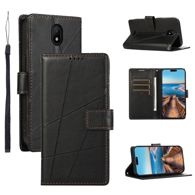 For Nokia C100 PU Genuine Leather Texture Embossed Line Phone Case with card slots and kickstand feature, showcasing its stylish design.