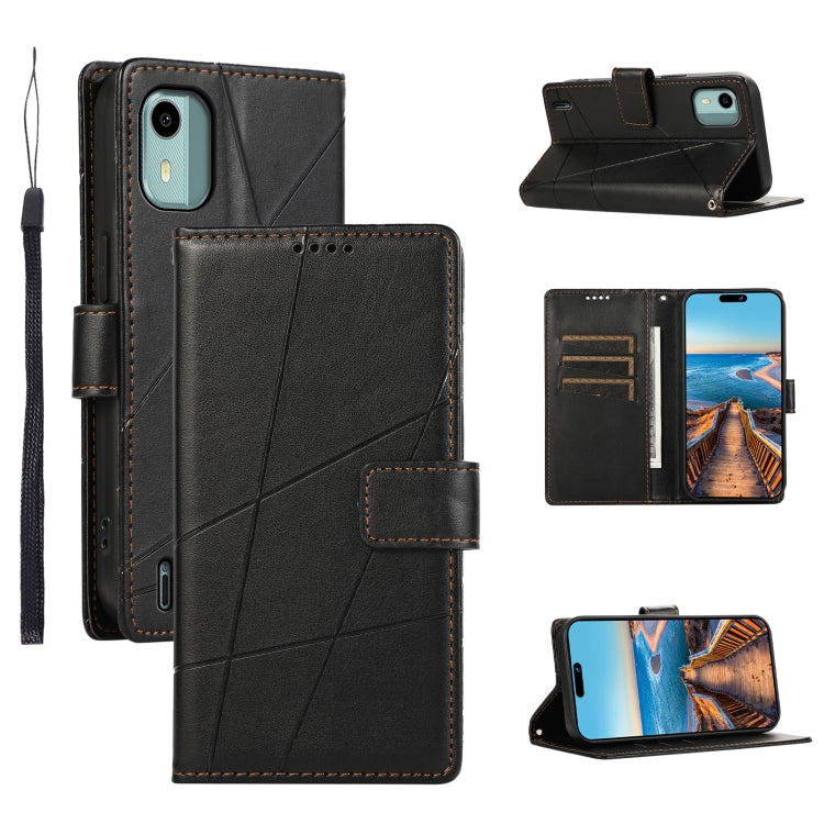 For Nokia C12 PU Genuine Leather Texture Embossed Line Phone Case showcasing its stylish design and functional features.