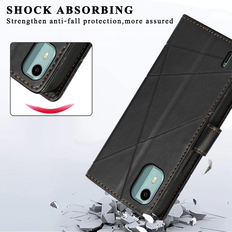 For Nokia C12 PU Genuine Leather Texture Embossed Line Phone Case showcasing its stylish design and functional features.