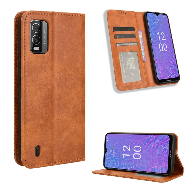 Brown leather phone case for Nokia C210 with magnetic buckle and retro texture design.
