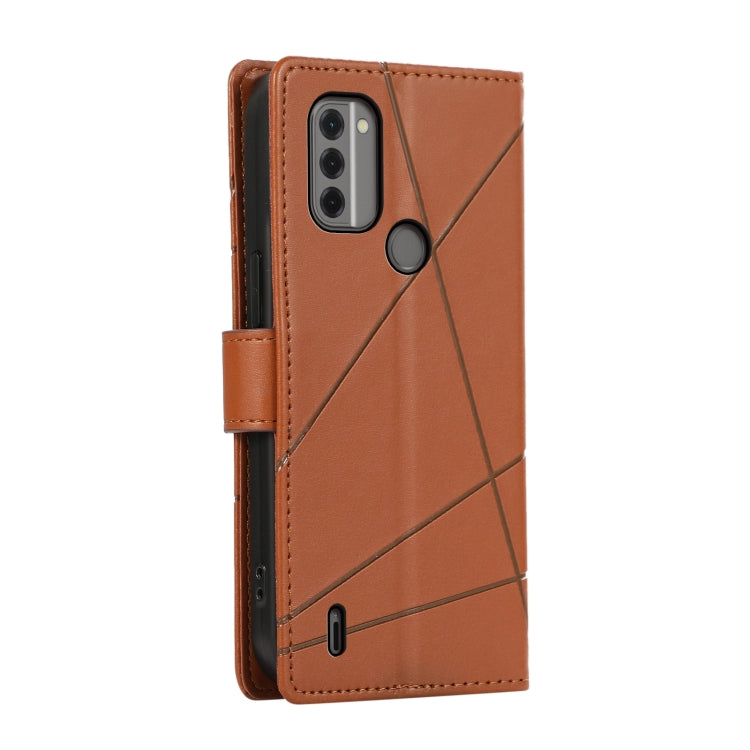 For Nokia C31 PU leather phone case with embossed texture, featuring card slots and a wrist strap.