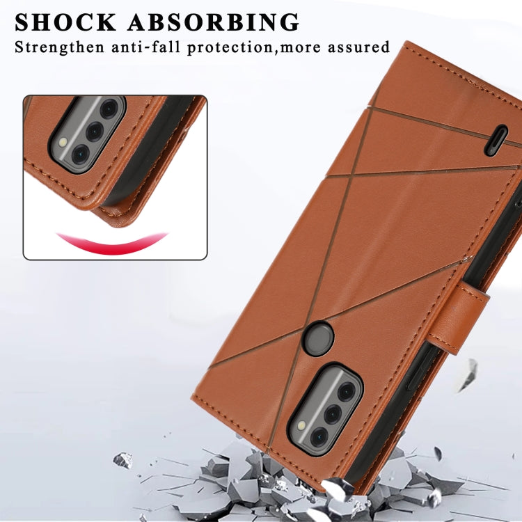 For Nokia C31 PU leather phone case with embossed texture, featuring card slots and a wrist strap.