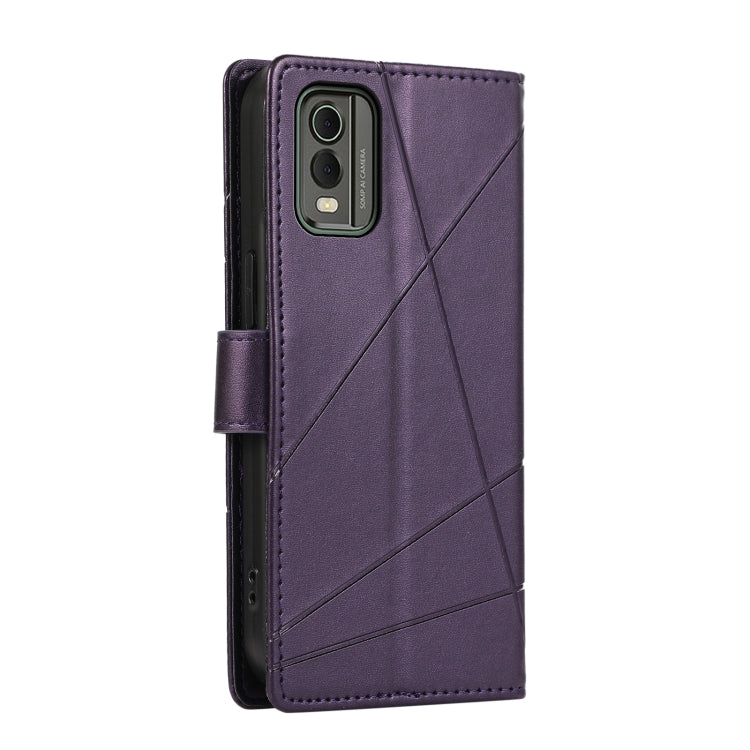 For Nokia C32 PU leather phone case with embossed texture, featuring card slots and a wrist strap.