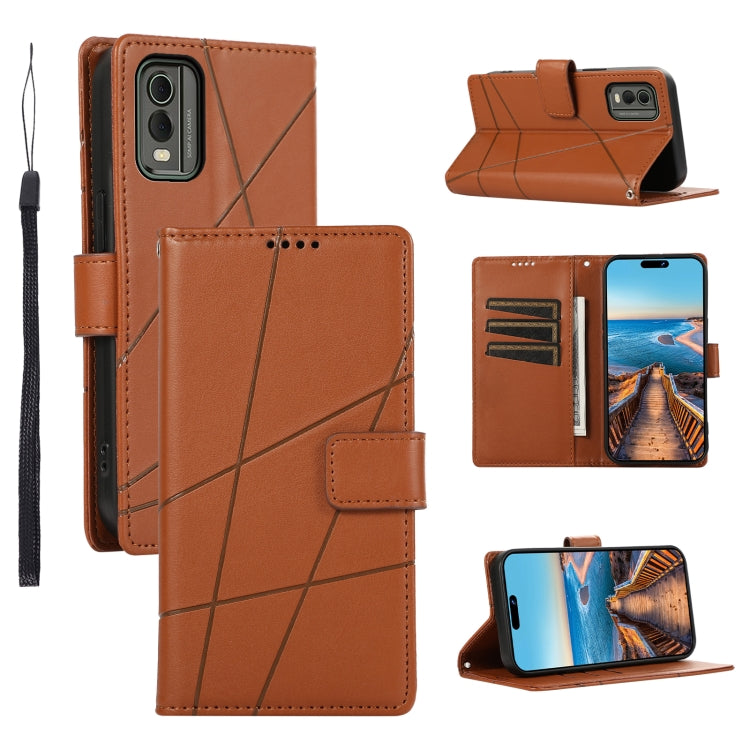 For Nokia C32 PU Genuine Leather Texture Embossed Line Phone Case with card slots and kickstand feature, showcasing its stylish design and functionality.